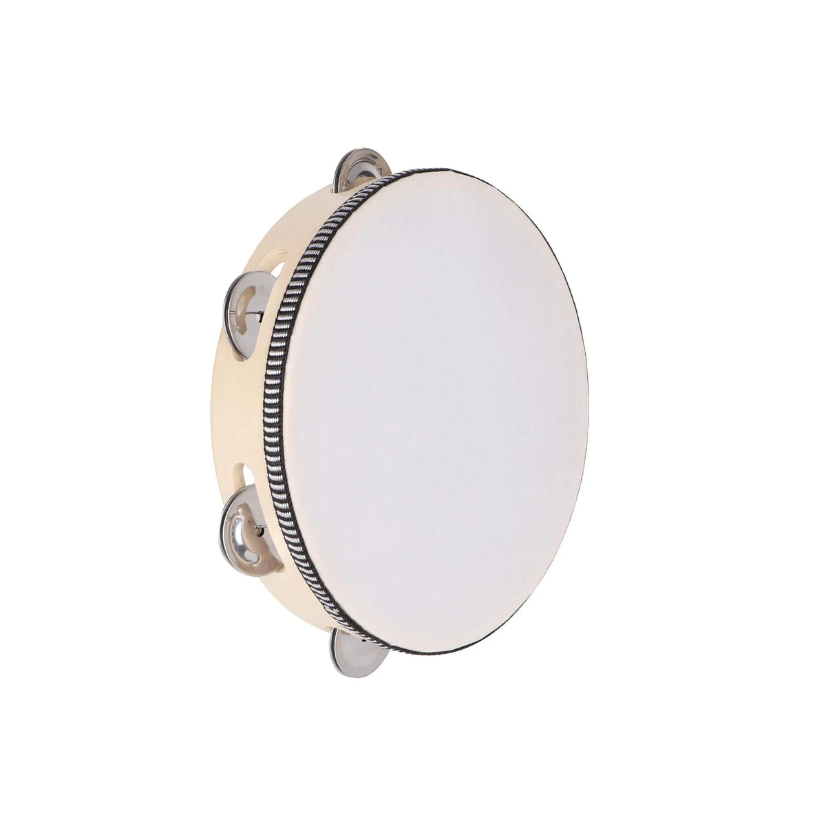 A round, light-colored wooden tambourine with metal bells and a hand crank.
