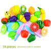 A set of 18 pretend play cutting food toys including various fruits and vegetables in assorted colors.