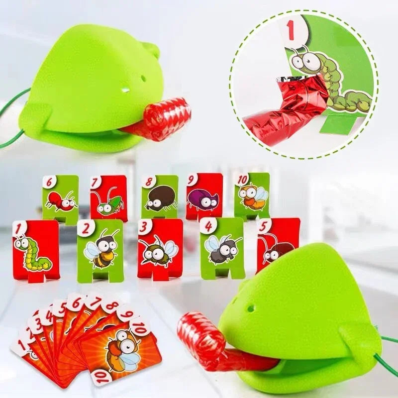 A set of frog-shaped cards and a green frog mask used for a tongue-catching game.