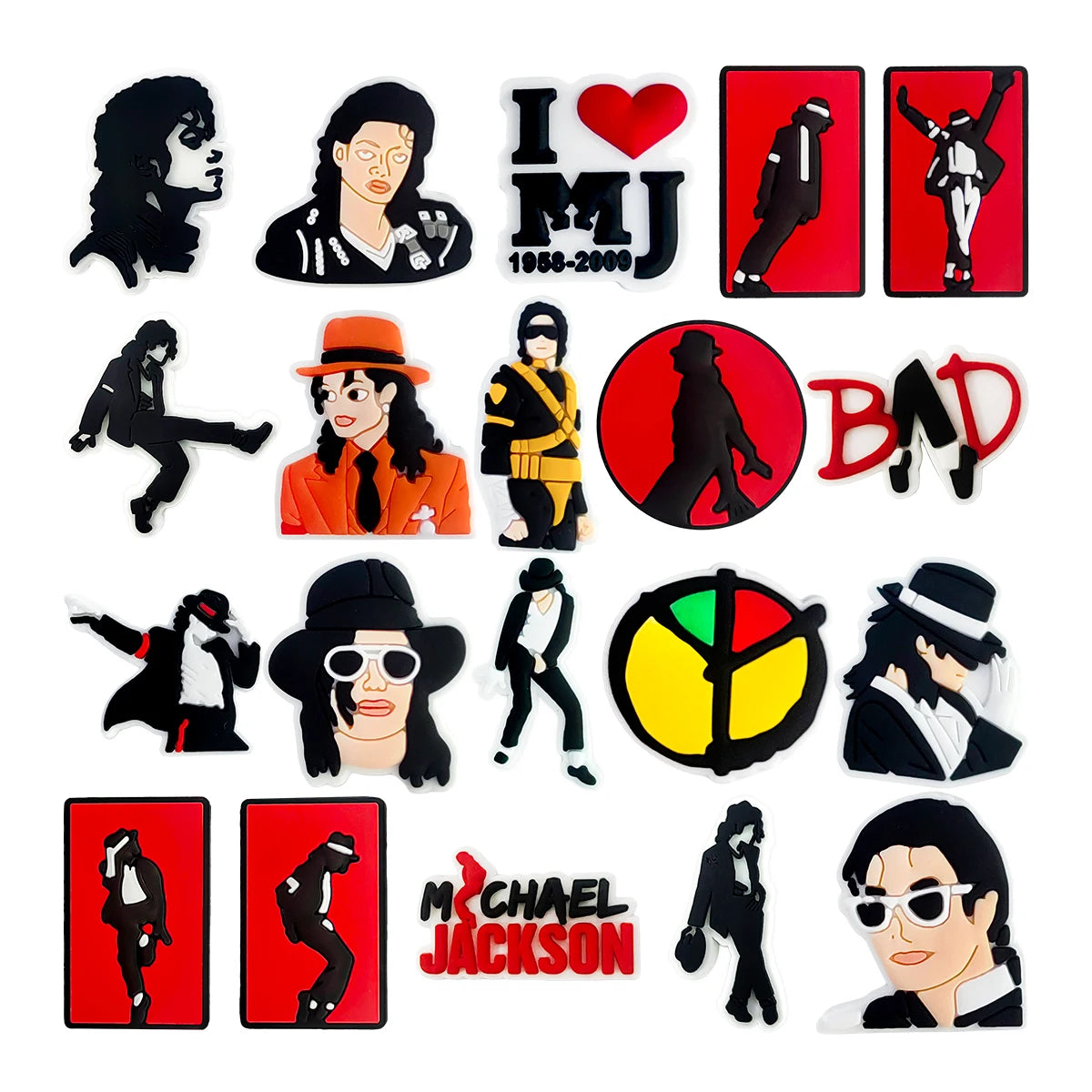A collection of 20 Michael Jackson inspired shoe charms and DIY sneaker decorations featuring various icons and silhouettes.