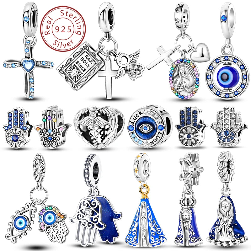 Sterling silver charm beads set featuring cross, angel, and evil eye designs for DIY jewelry making