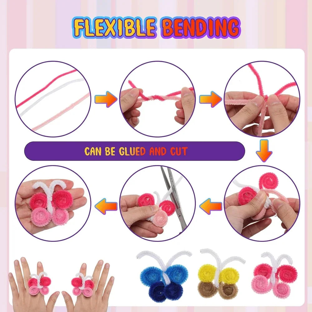 Multicolor chenille stem pipe cleaners shown bending, gluing, cutting, and forming shapes for crafts