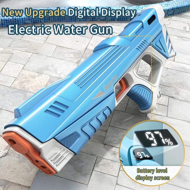 A blue electric water gun with a digital battery level display screen is shown on a tiled surface.