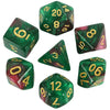 A set of green polyhedral dice showing various numbers and cosmic effects.