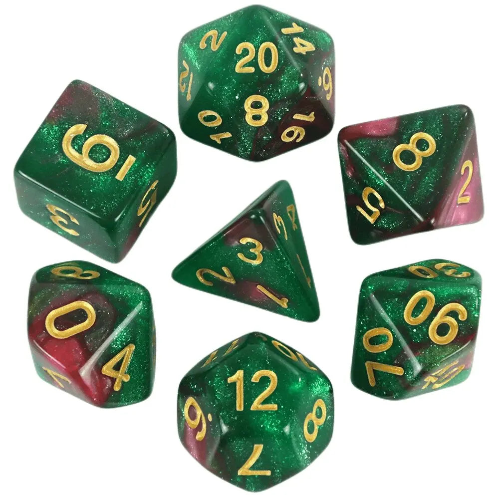 A set of green polyhedral dice showing various numbers and cosmic effects.