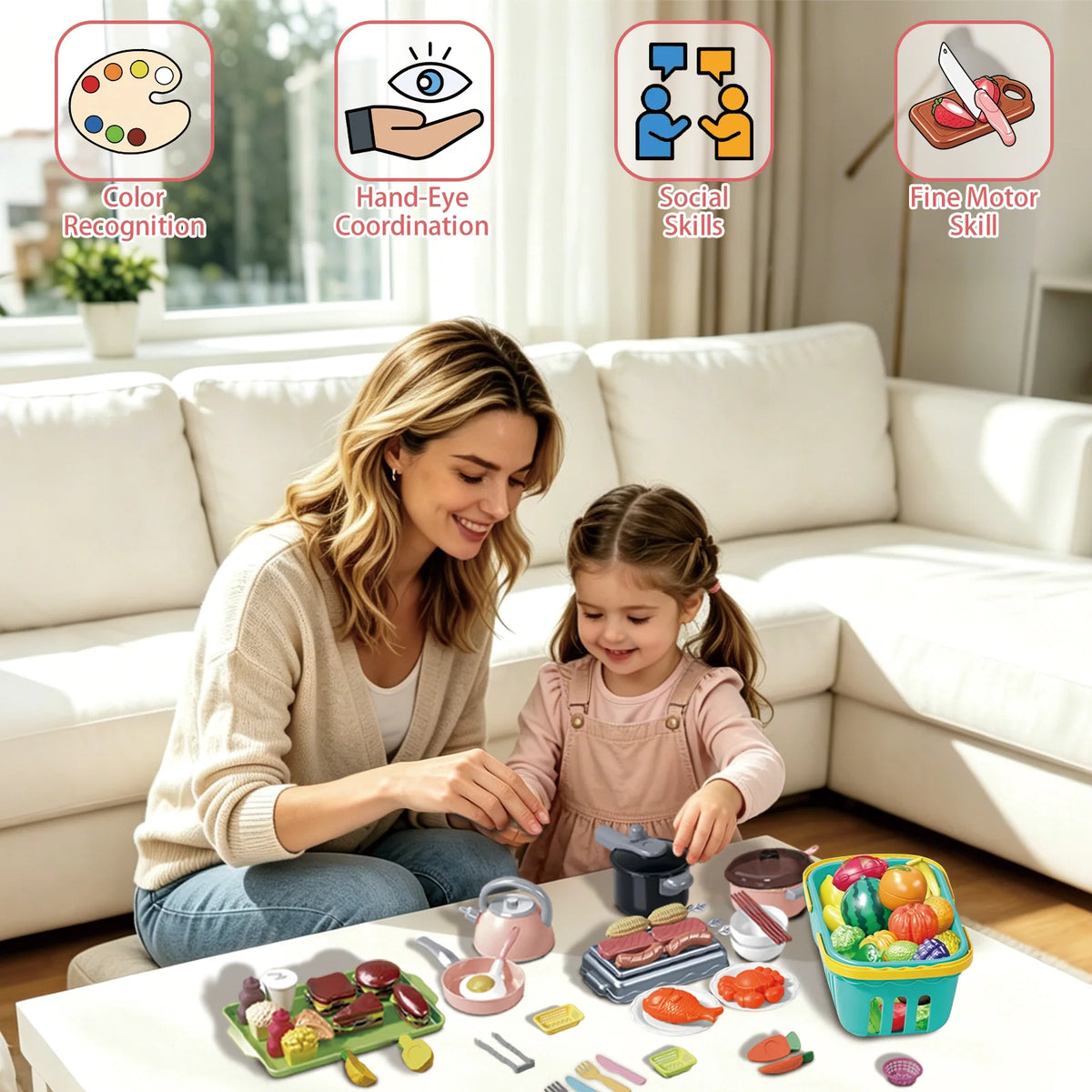 A woman and a girl play with a kids pretend play kitchen set featuring fruits, vegetables, and cookware.