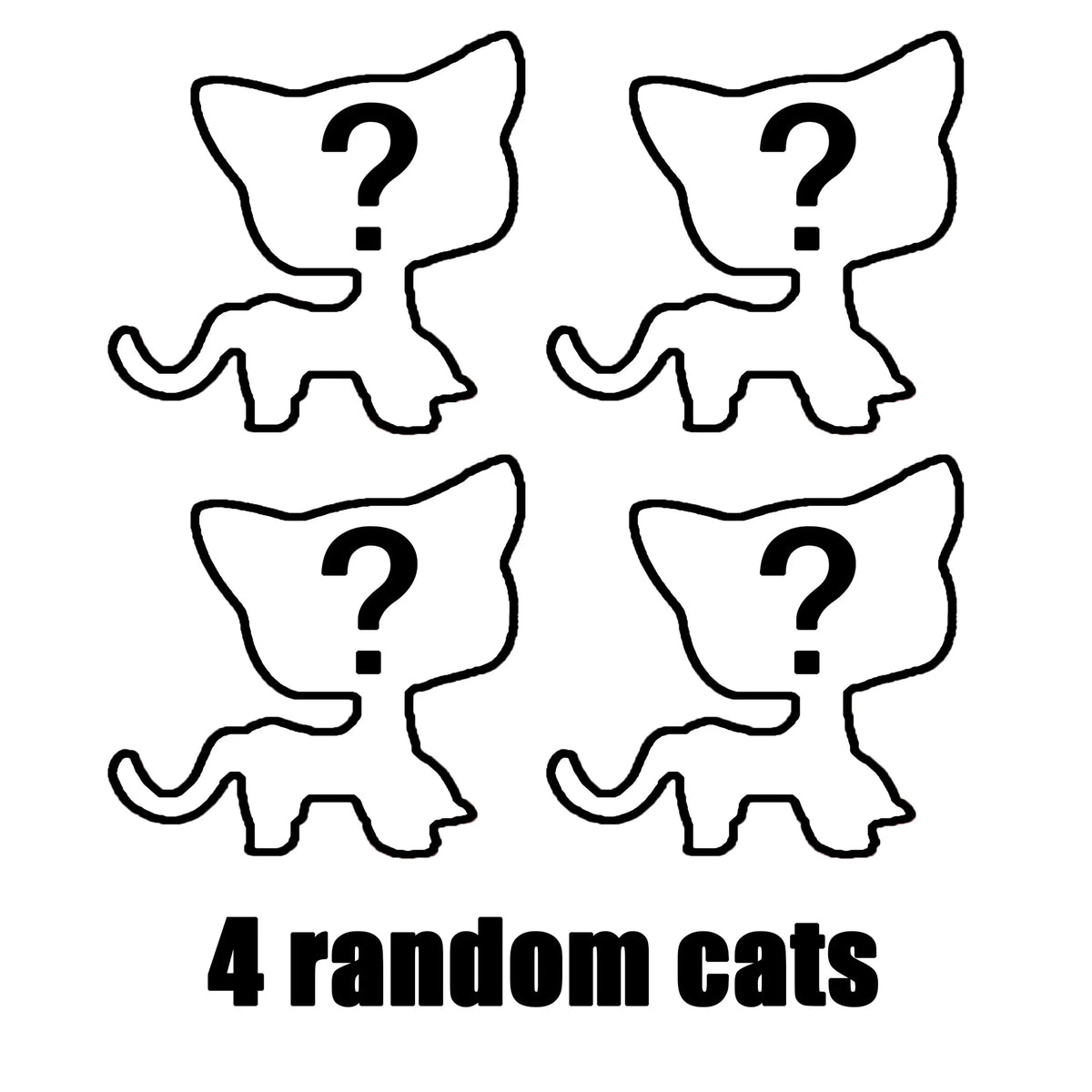 Four silhouette drawings of cats with question marks indicating unknown or random cats