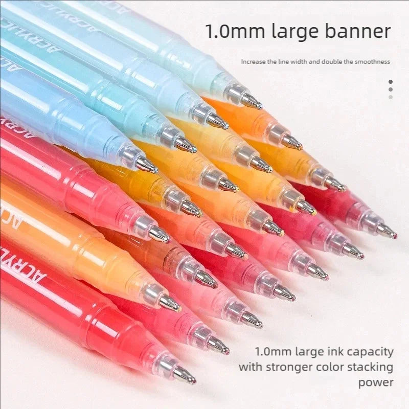 A set of 6 acrylic gel pens in various vibrant colors, showing the tips and barrels.