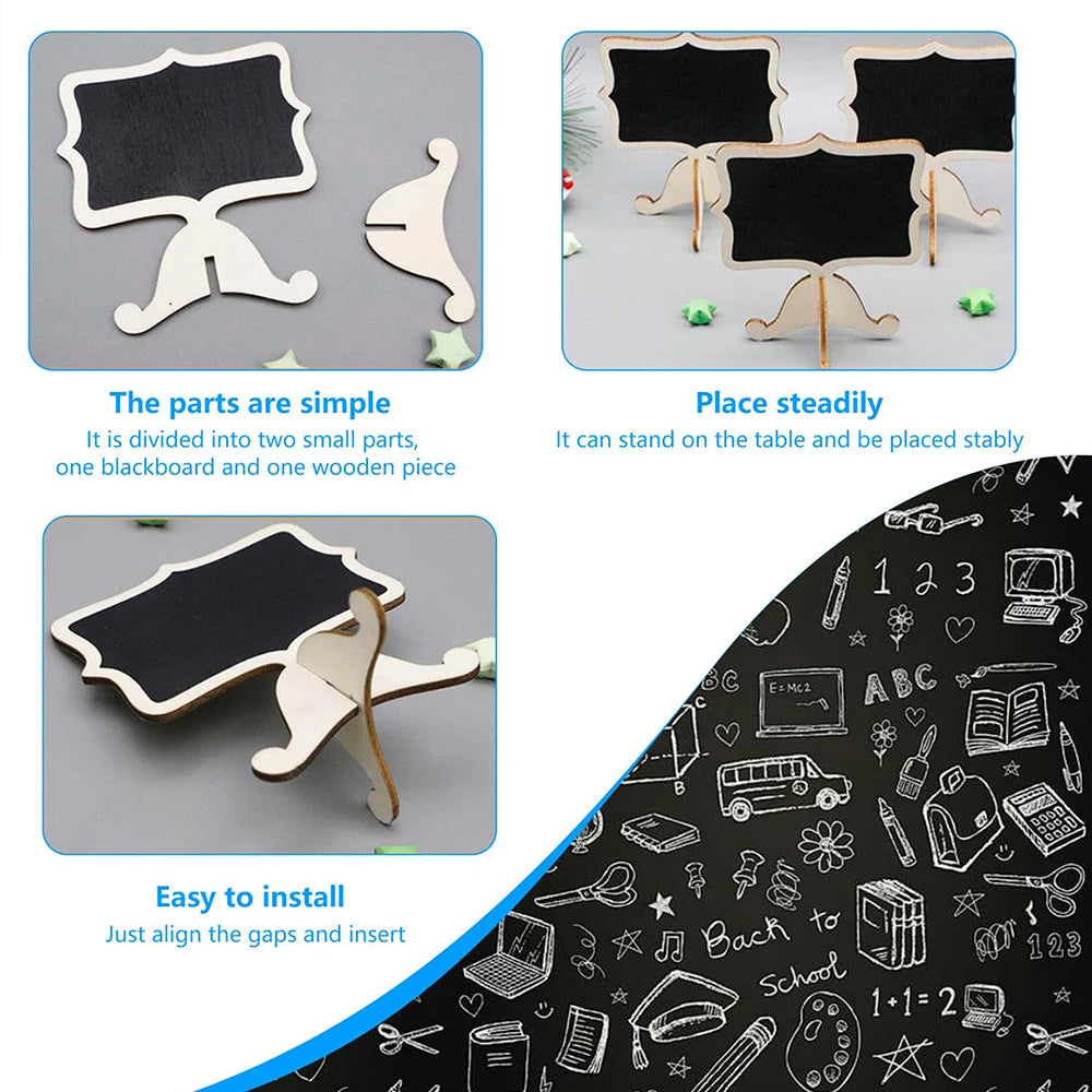 Mini wooden chalkboard signs with easels for decor showing separate parts and installation