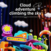 A colorful multi-layer rolling ball track adventure toy with various components and clouds in the background.