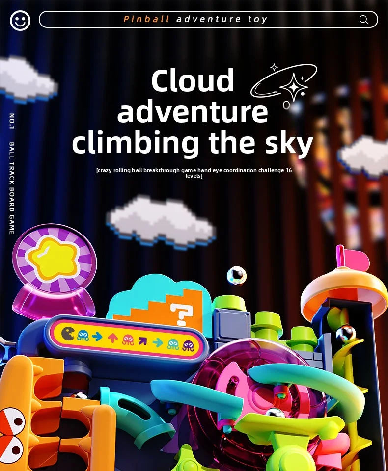 A colorful multi-layer rolling ball track adventure toy with various components and clouds in the background.
