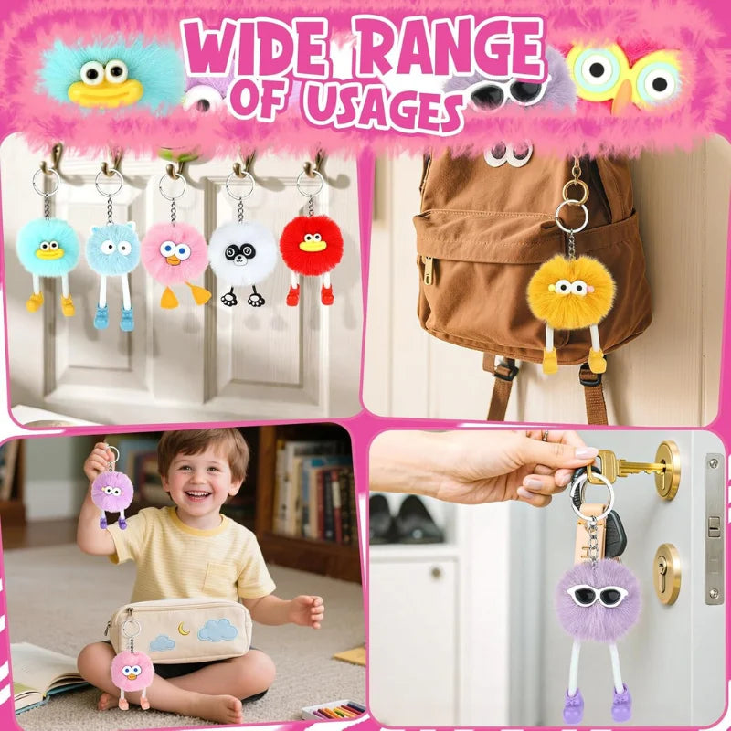 Assorted plush animal keychains in various colors and styles hanging from a hook.