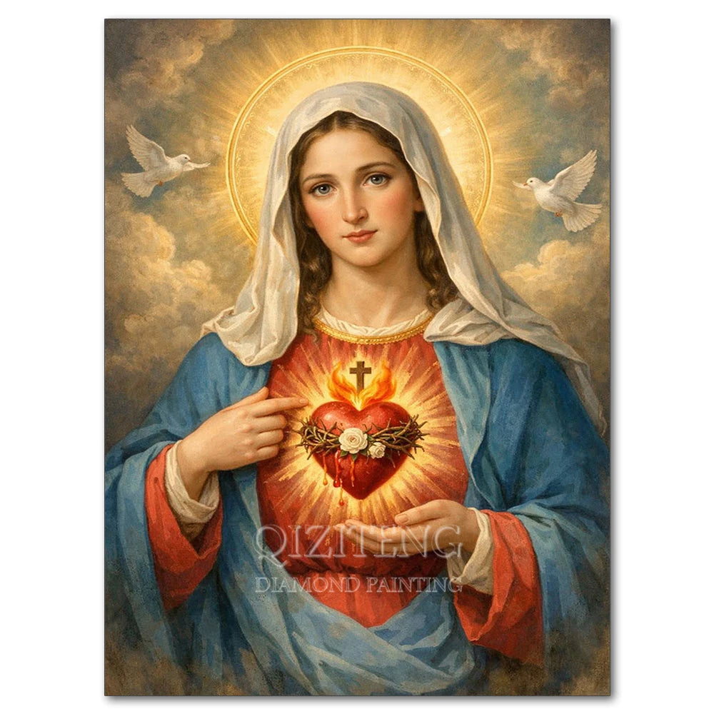 Diamond painting of Jesus and Virgin Mary with a halo and surrounding doves