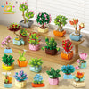 A collection of colorful succulent and flower building blocks in various sizes and colors arranged on a wooden surface.