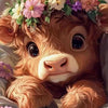 A close-up illustration of a Highland cow with a flower wreath on its head.