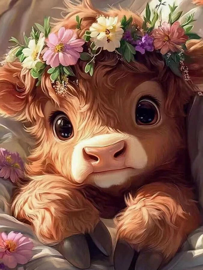 A close-up illustration of a Highland cow with a flower wreath on its head.