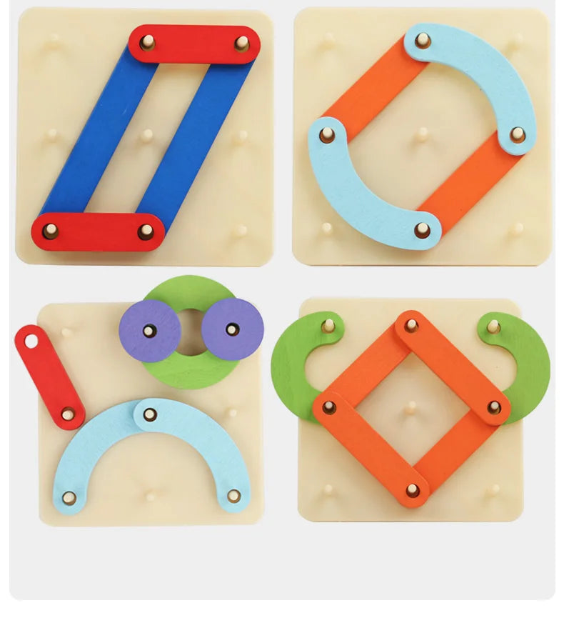 A set of wooden geoboards showing various colored plastic and wooden pieces used for construction and learning.