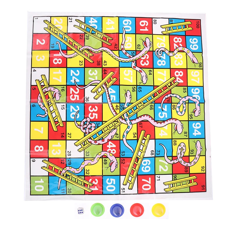 A colorful Snakes and Ladders board game grid with various colored dice and game pieces.