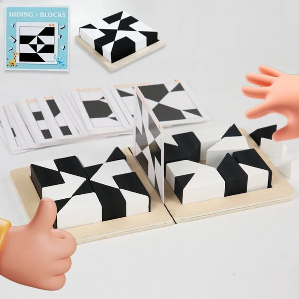 A hand is presenting geometric wooden building blocks and a guide card showing patterns for construction.