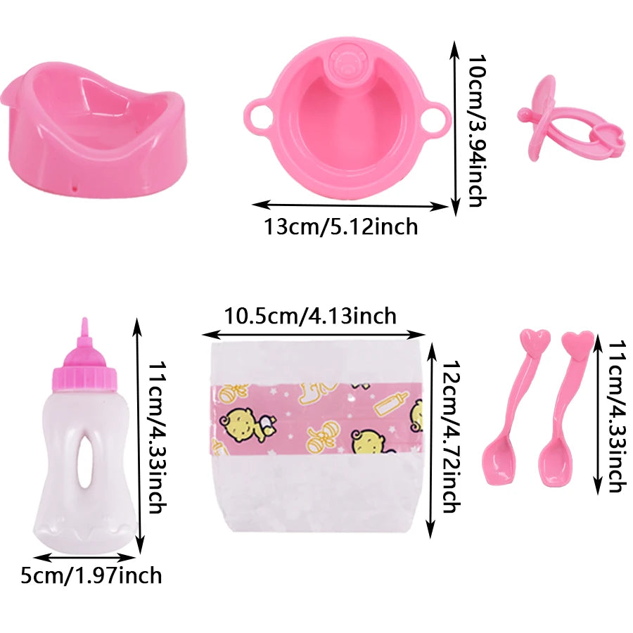A set of pink doll feeding and care accessories including a bowl, a silicone ring, a dropper bottle, and two pink spoons.