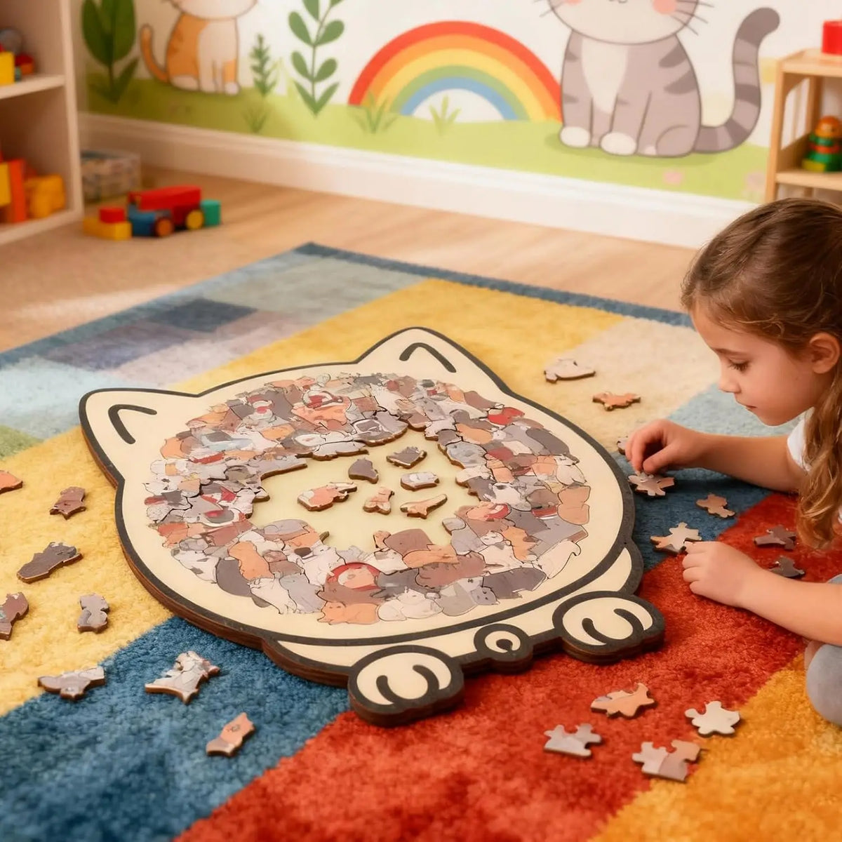 A wooden cat-shaped jigsaw puzzle featuring a collage of cat images on a colorful rug.