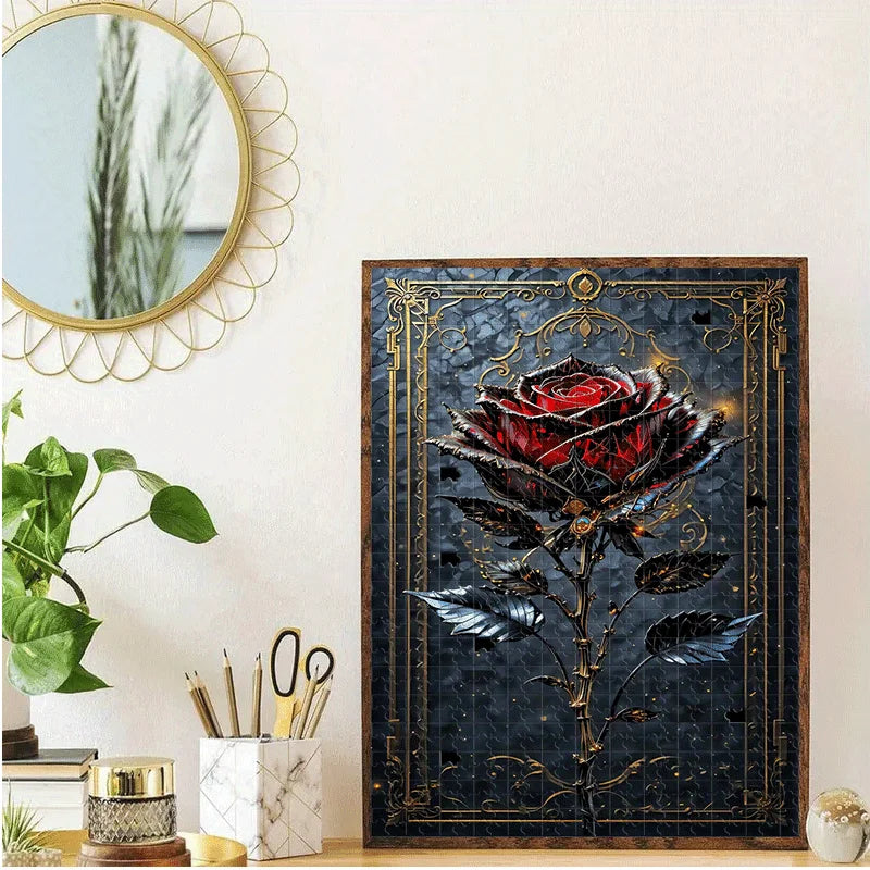 A dark, ornate framed painting featuring a detailed red rose against a dark background.
