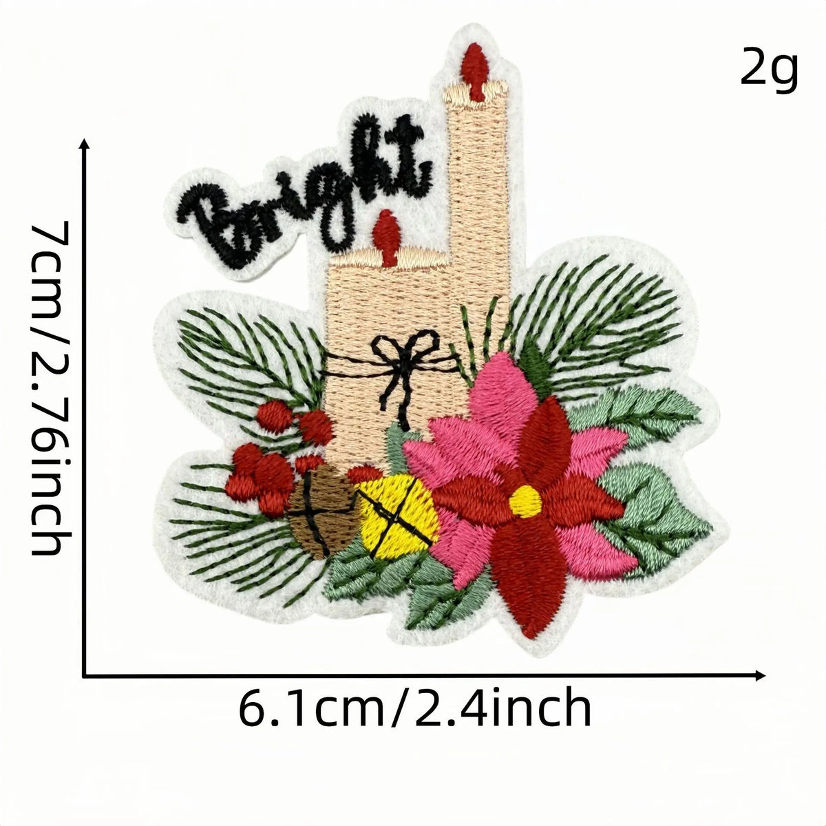 A 2-gram iron-on patch featuring a bright sign with the word Bright, surrounded by floral and evergreen elements.