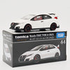 A white Honda Civic Type R model car in a box, featuring a red spoiler and black wheels.