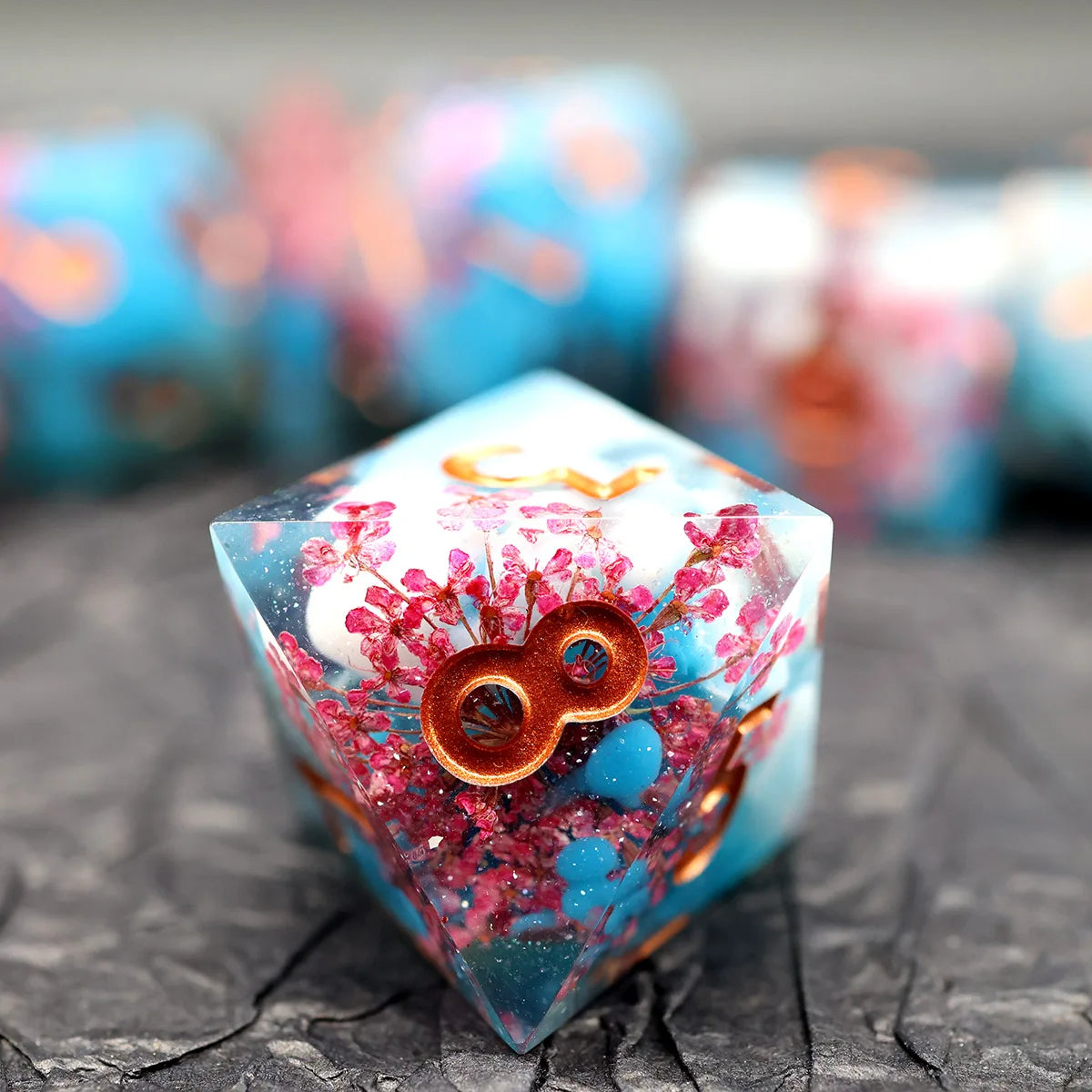 Handmade Resin D&D Dice Set – 7 Polyhedral Dice with Floral Design
