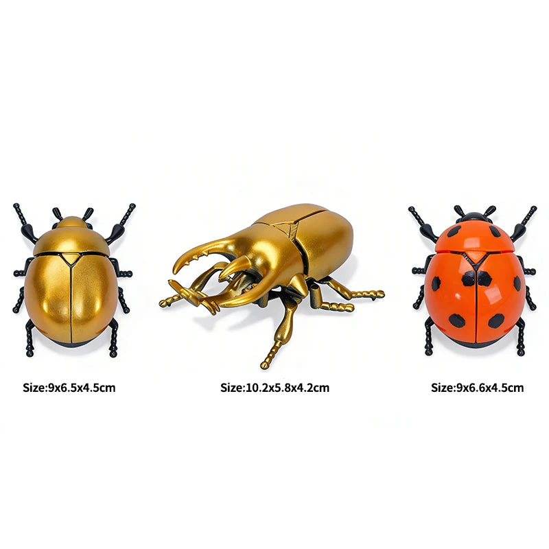 A set of three wind-up insect toys: a golden beetle, a bronze bee, and an orange ladybug.
