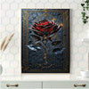 A dark floral painting featuring a red rose on a branch with gold accents, displayed in a vertical frame.