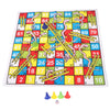 A colorful Snakes and Ladders board game with a grid of squares, ladders, and snakes, and several game pieces.