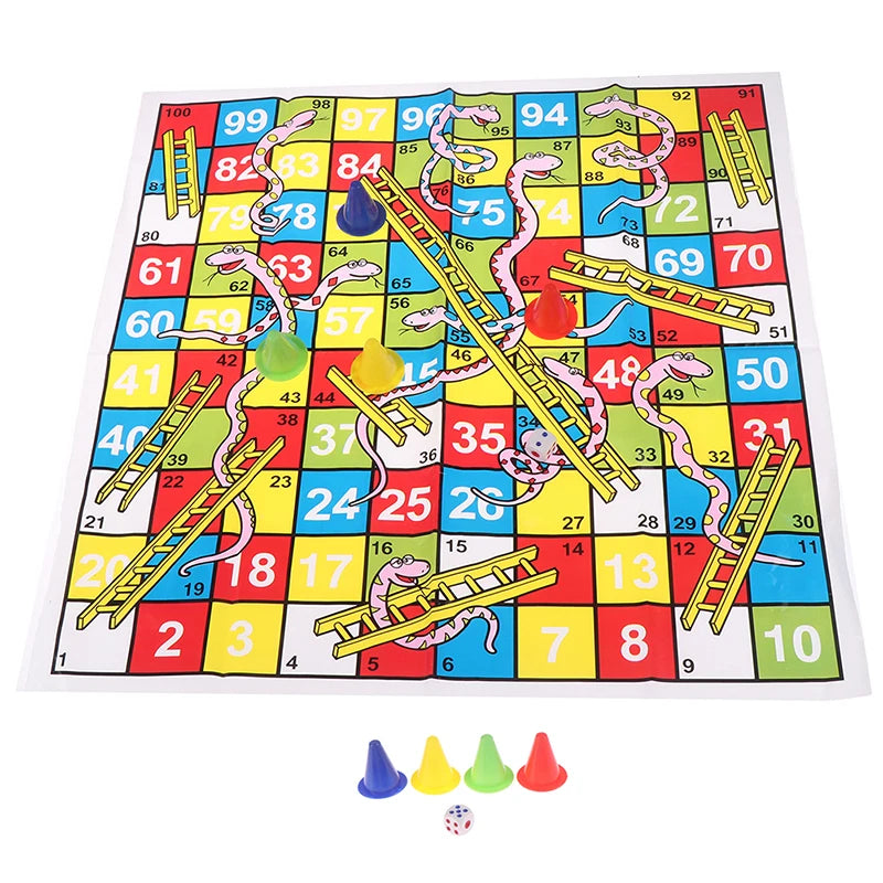A colorful Snakes and Ladders board game with a grid of squares, ladders, and snakes, and several game pieces.