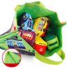 A lime green fabric storage bag filled with various yellow and blue soft fabric car toys.