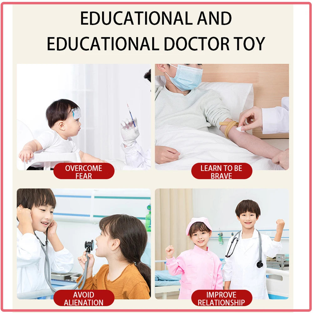 Educational and doctor toy kit showing children learning medical skills like examining a patient.