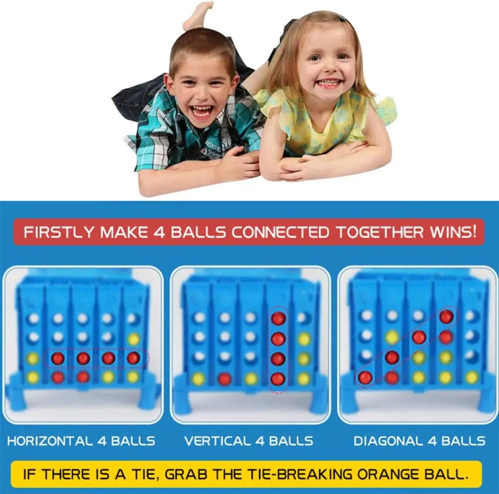 A children's game featuring four colored balls arranged horizontally, vertically, and diagonally for a connection challenge.