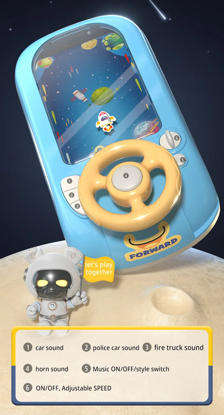 A blue kids interactive steering wheel driving toy with various sound effects buttons and a small white figure.
