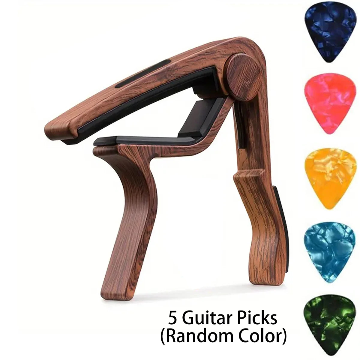 Zinc Alloy Guitar Capo with 5 Celluloid Picks — Fits Acoustic, Electric, Classical, and Ukulele