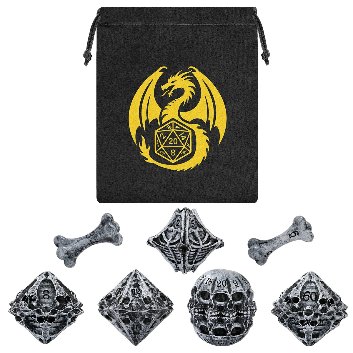 A set of bone and skull carvings used as polyhedral dice.