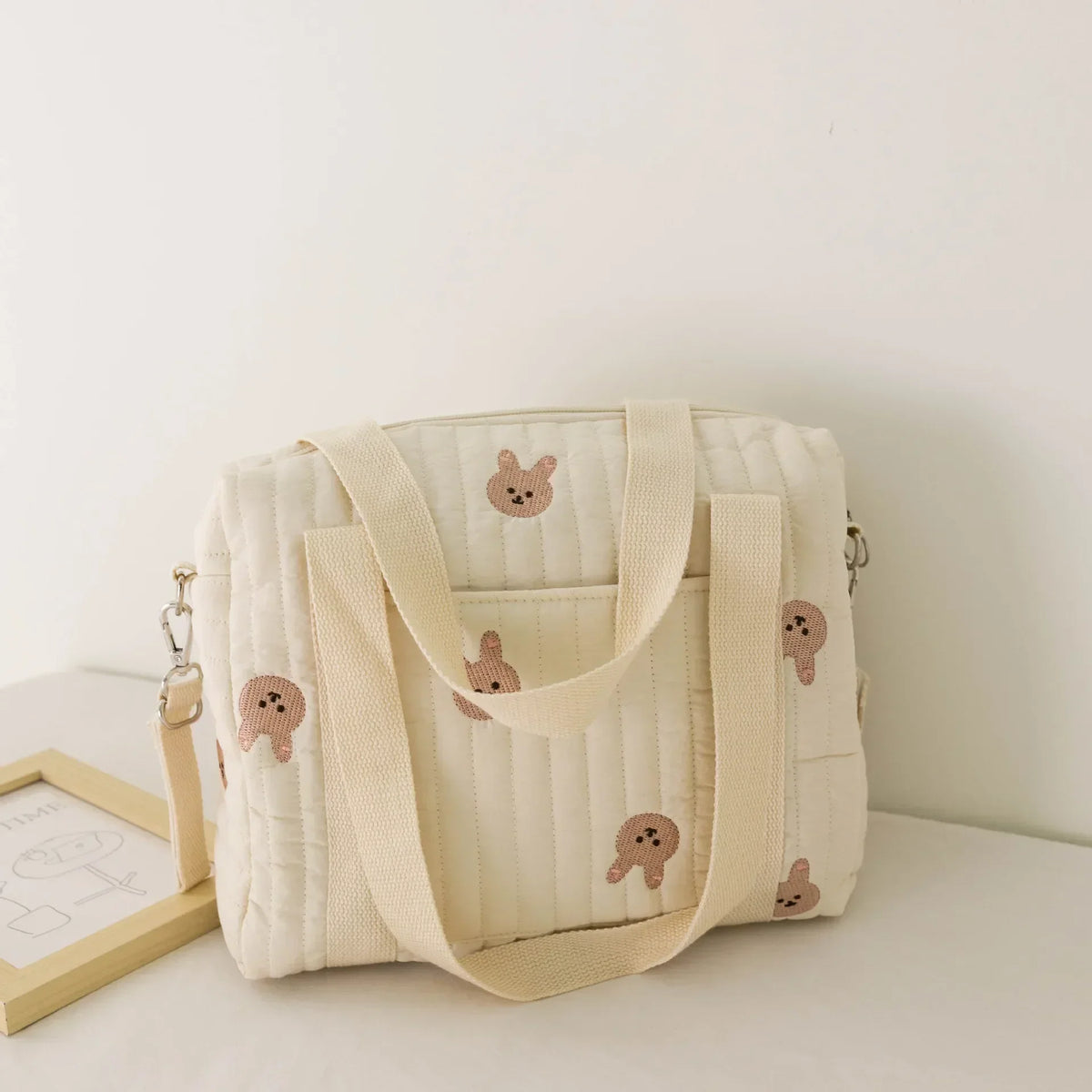 Embroidered Floral Diaper Bag with Bear Design