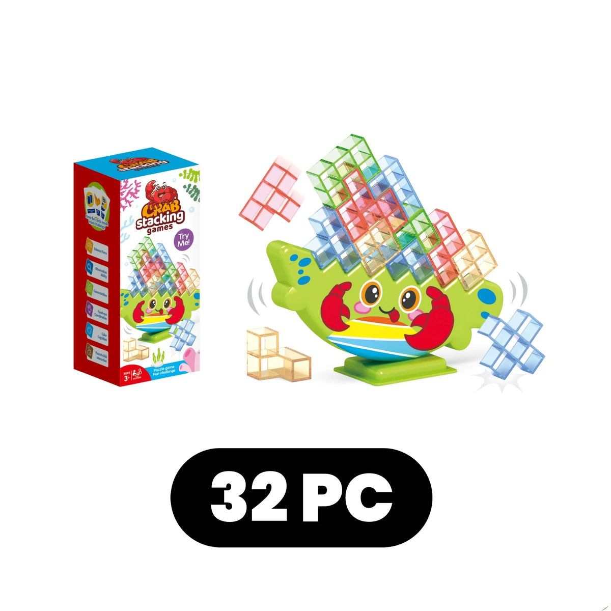 A box of Stacking Dinosaur Building Blocks set with colorful plastic blocks and a dinosaur figure.