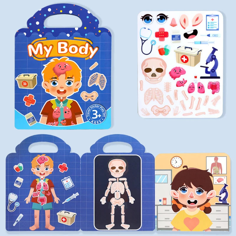 A set of Jelly stickers and anatomy illustrations for a children's sticker book featuring body parts and skeletal structure.