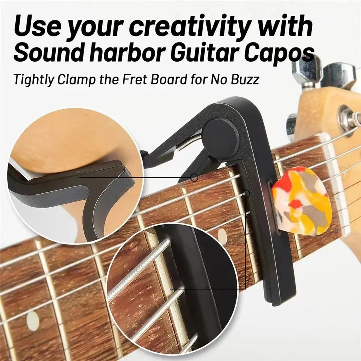Zinc Alloy Guitar Capo with 5 Celluloid Picks — Fits Acoustic, Electric, Classical, and Ukulele