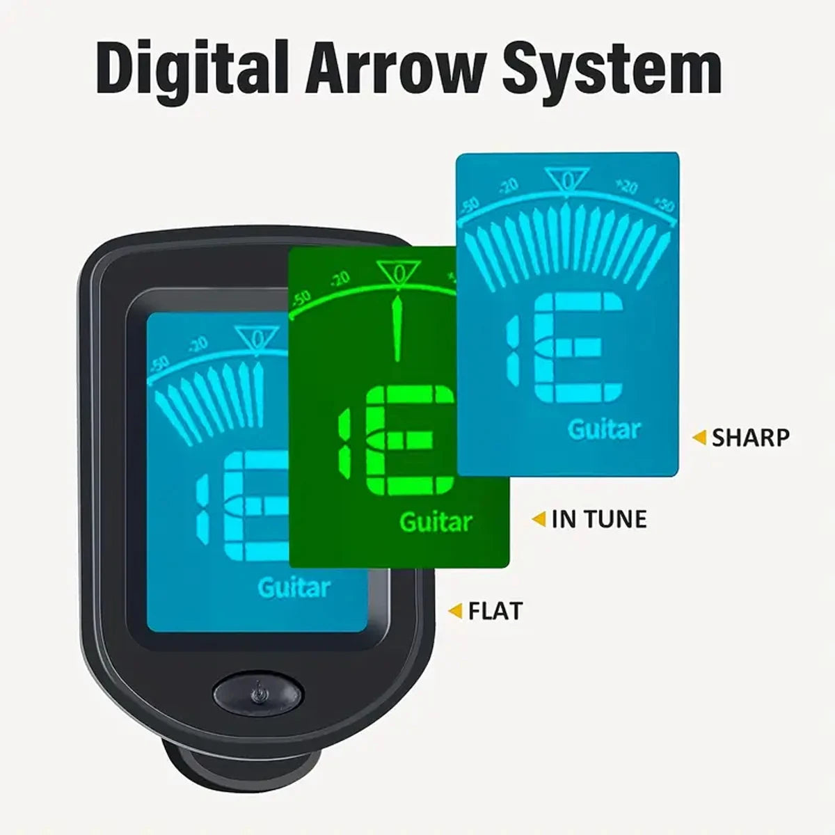 A black clip-on digital arrow system tuner for guitar, showing a tuned note.