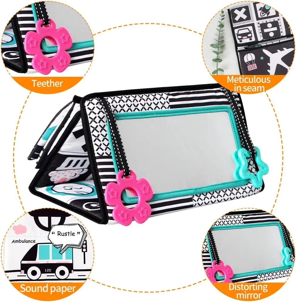 High-Contrast Tummy Time Baby Mirror with Crinkle Cloth Book and Teether