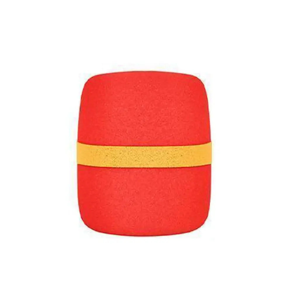 A red foam microphone windscreen cover with a yellow band.