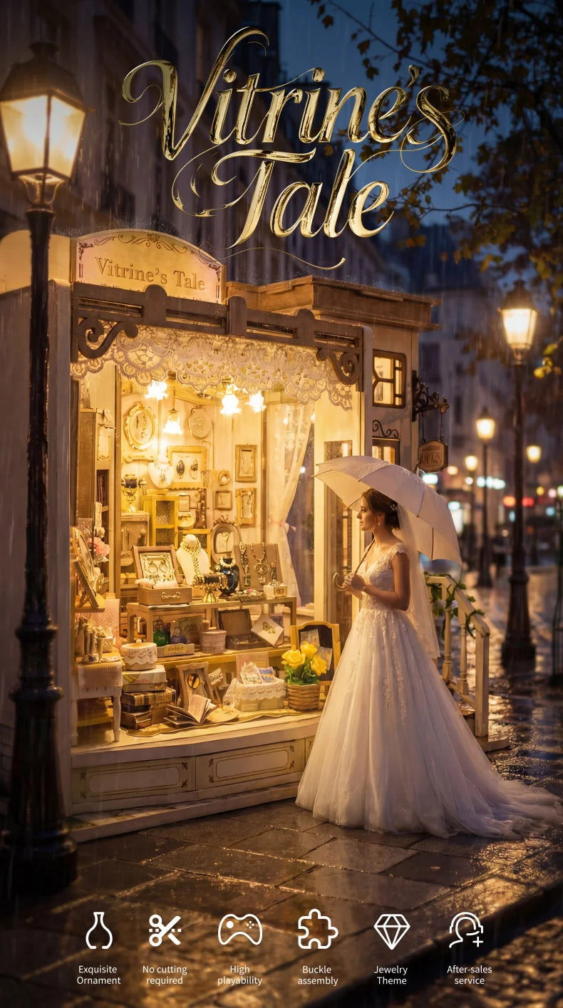 A woman in a white gown stands before a detailed display of jewelry and ornaments, set within a vintage-style shop window.