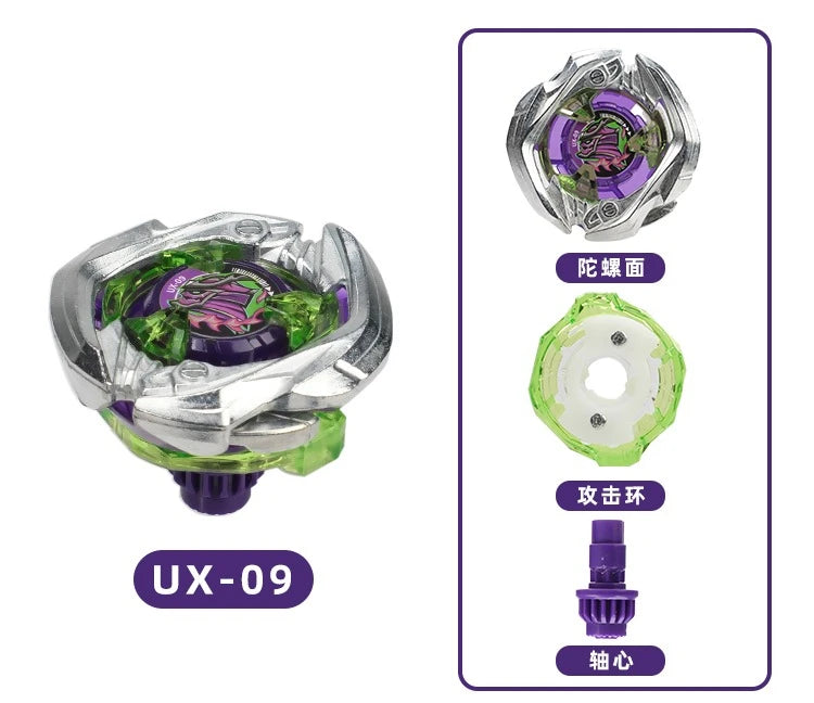 Mini Gyroscope Launcher Set featuring a silver and purple toy with components for launching a green sphere.