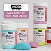 A collection of Pebéo Matt Acrylic Fine High Visco paint bottles in various colors, including pastel violet, pastel blue, and