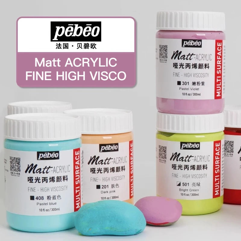 A collection of Pebéo Matt Acrylic Fine High Visco paint bottles in various colors, including pastel violet, pastel blue, and